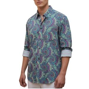 Alan Flusser Paisley Print Button Down Shirt Contrast Cuffs Mens Size Large
